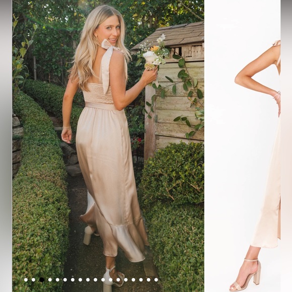 Show Me Your Mumu Claire Midi Dress Champagne Luxe Satin - Picture 3 of 13
